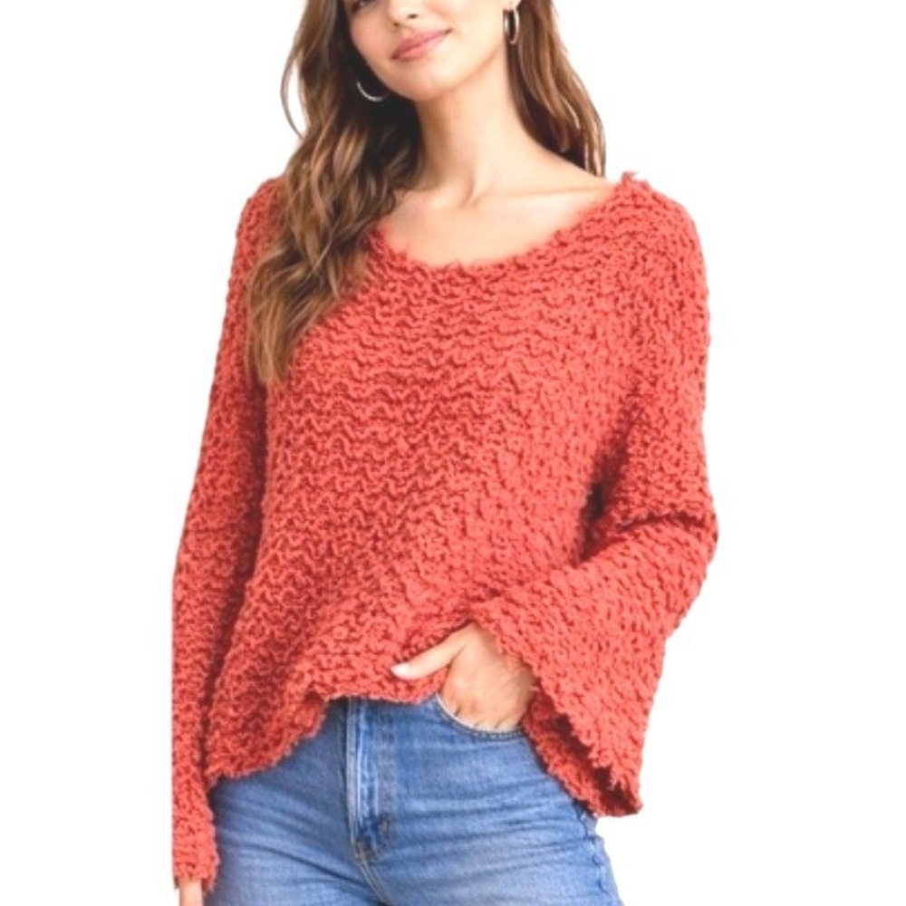 Free People Frayed Scoop Neck Sweater Womens M Slouchy Oversized Flare Sleeve
